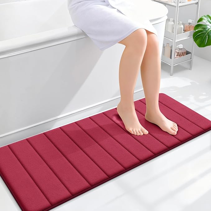OLANLY Memory Foam Long Bathroom Rugs Runner 47x17, Super Soft Absorbent | Burgundy, Quick Dry Bath Mat, Machine Washable Shower Floor Rugs, Bathmat Carpet for Bathroom Floor, Tub and Shower