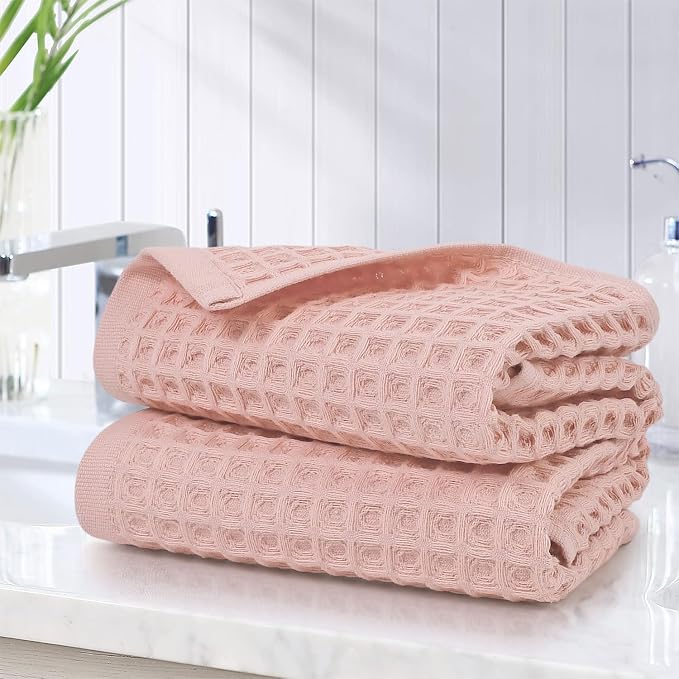 Jacquotha Waffle Hand Towels for Bathroom Decor (Pink) | 2-Piece Cotton Face Towels, Fast Drying & Absorbent, 13” x 29”