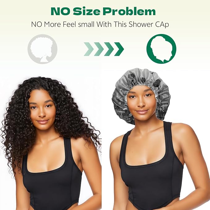 2 PCS Shower Cap Waterproof Double Layer Elastic Adjustable Reusable Hair Bath Caps for Girls Women Cute Aesthetic-Black Grey