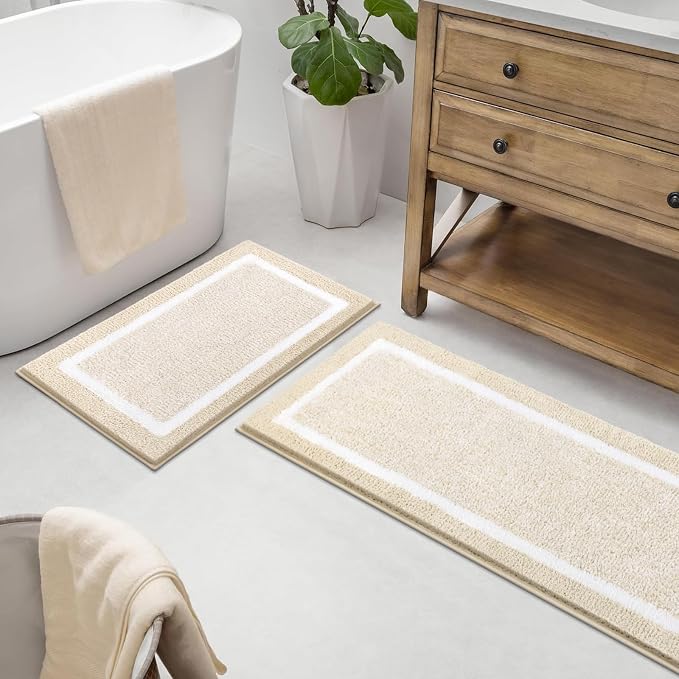 Pauwer Bathroom Rugs Sets 2 Piece, Non Slip Washable Bath Mat, Light Beige | Soft Plush Microfiber, Super Absorbent Floor Carpet, Quick Dry, Shaggy Shower Rug Runner