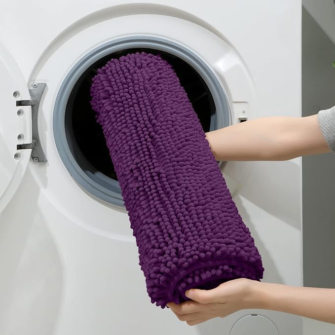 HOMEIDEAS Purple Chenille Bathroom Rugs Set of 3, Non Slip Bath Mat | Super Absorbent, Soft Microfiber, Machine Washable, Stain Resistant, for Bathroom Decor