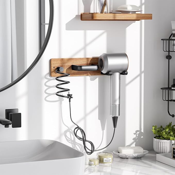 Tindbea Hair Dryer Holder Wall Mount Aluminum Alloy Hot Tools Organizer | Sapele Wood, Matte Black