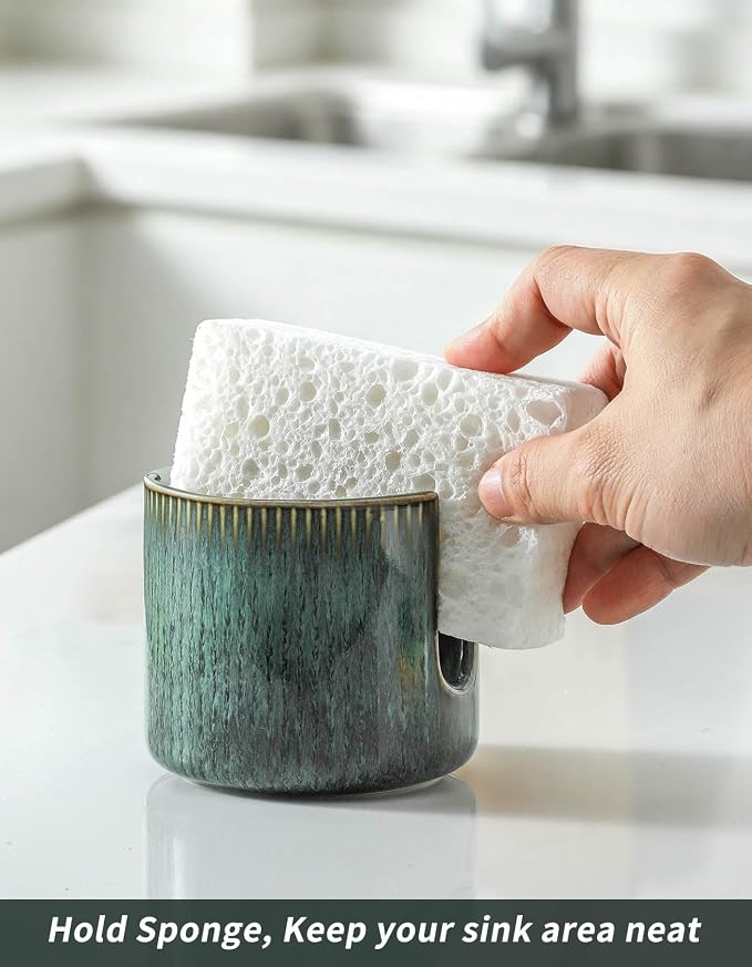 Sponge Holder for Kitchen Sink Countertop, Ceramic Scrub Sponge Dish Holder, Compact Sink Caddy Organizer Accessories for Dish Brush, Scrubber, Vintage Green