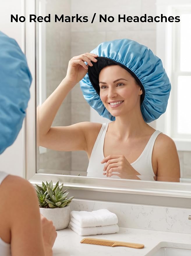 Aquior Shower Cap,Extra Large Triple Layer Bathing Cap with Dry Hair Function for Women Microfiber Terry Cloth Silky Satin 100% Waterproof Reusable Long Hair Bath Caps (Blue)