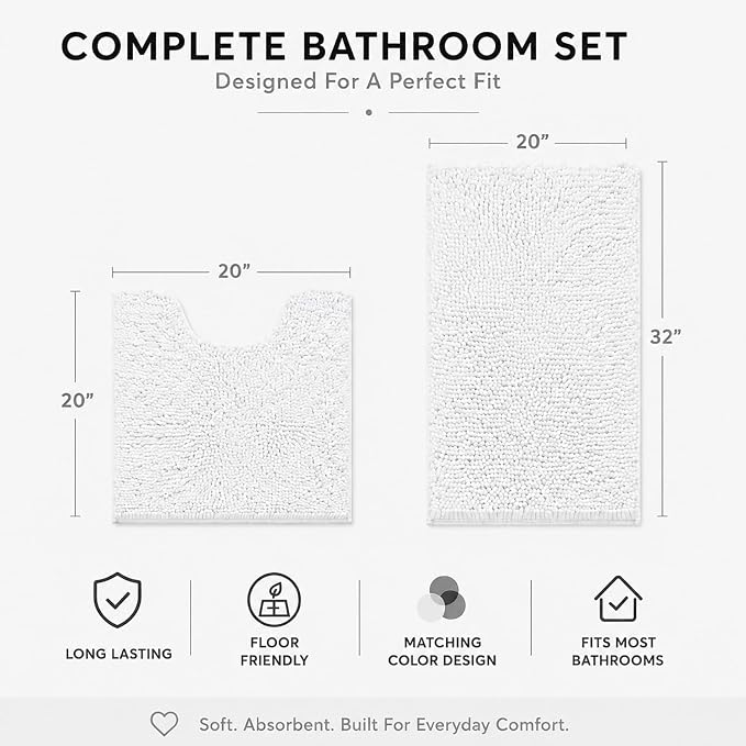 Bathroom Rugs Sets 2 Piece,Super Absorbent Soft,Thick,Machine Washable Chenille Bath Mat,Non Slip Toilet Floor Rug,Bath Mats for Bathroom,20x32 Plus 20x20 U Shape,White