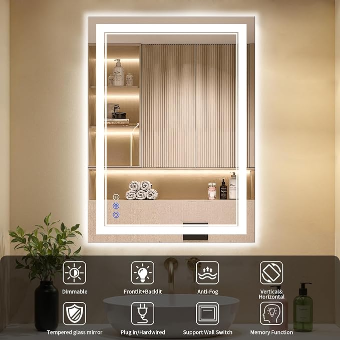 26"x38" Bathroom Mirror with Lights, Anti-Fog, Backlit + Front Lit, Dimmable, Led Vanity Mirror for Wall, Lighted Bathroom Mirror, 3 Colors, Shatter-Proof Tempered Glass