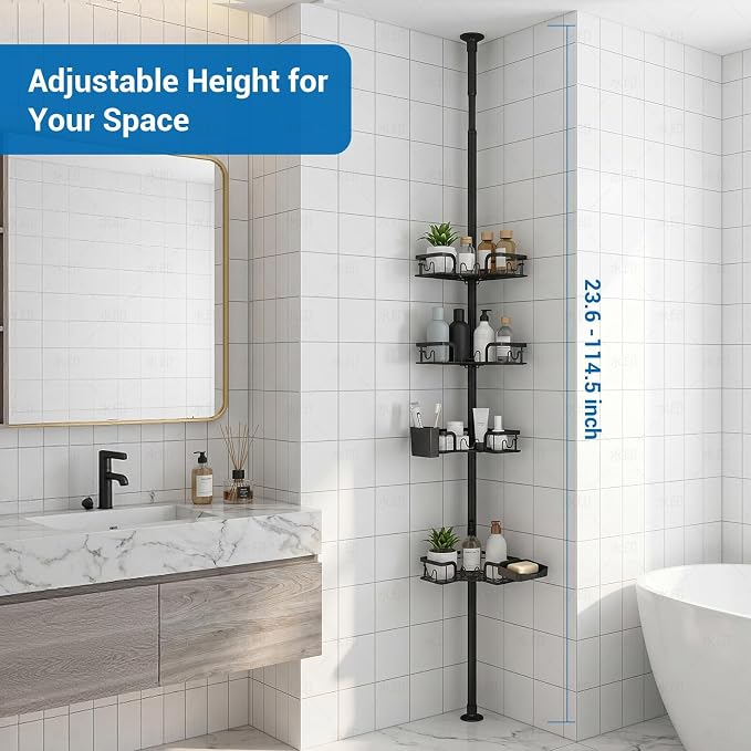 4-Tier Corner Shower Caddy Tension Pole, Floor to Celing Shower Corner Shelf Organizer with Soap Hold No-Drill 23.6-114.5 Inch