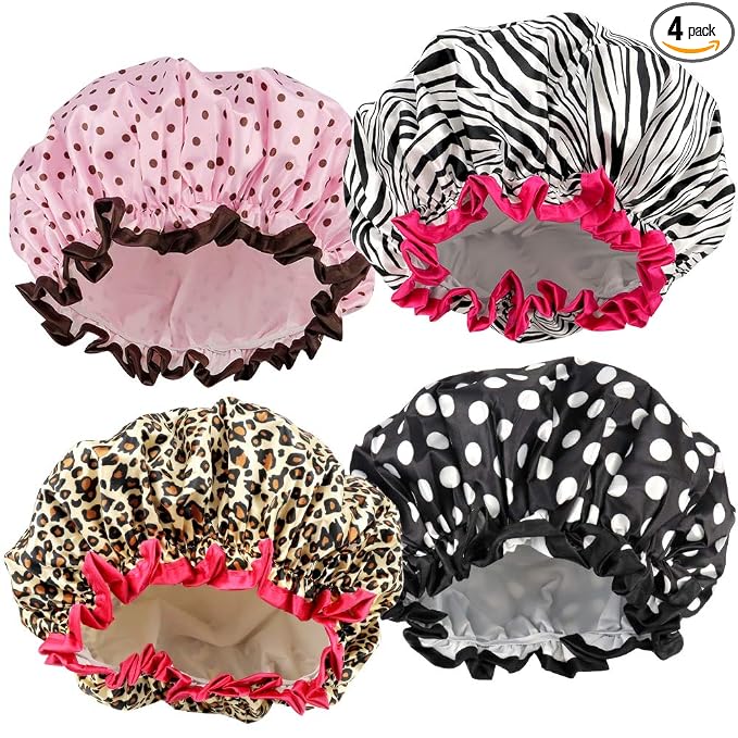 4 Pcs Shower Cap for Women Double Waterproof Layers Reusable Elastic | Elastic, Reusable, Environmental Protection, Double Waterproof Layers