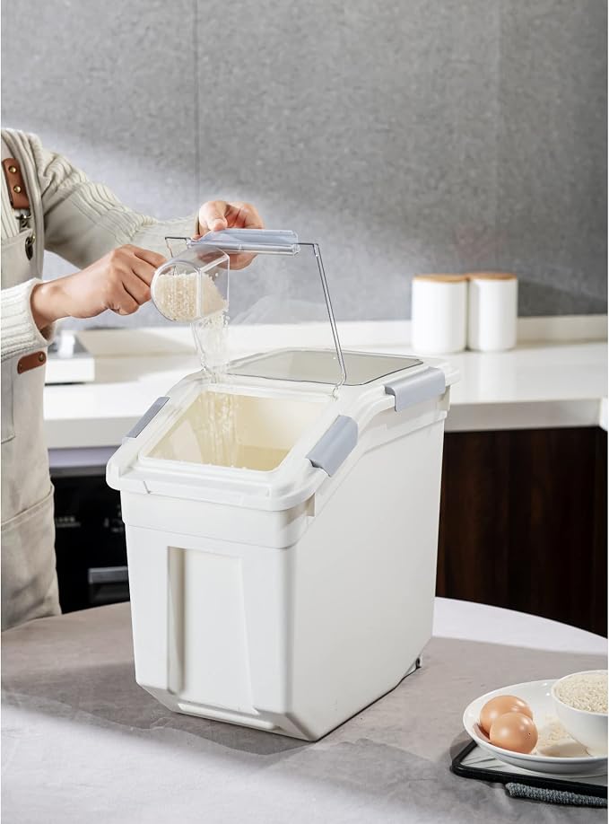 33 Liter / 50 lbs Rice Storage Container with Measuring Cup, BPA free, For Rice | Grain | Pet Food | Flour, 2 count, White