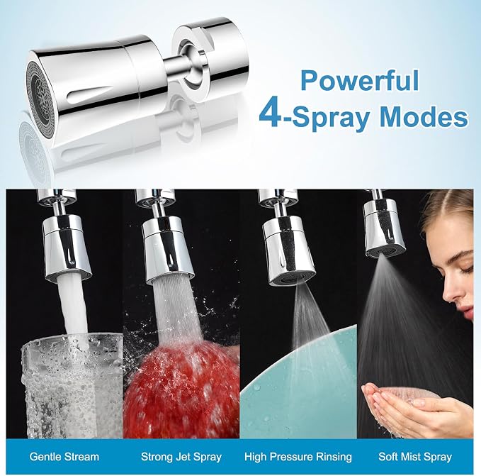 iFealClear Faucet Aerater NSF/ANSI/CAN 372 Certified, 360° Swivel 4 Modes Faucet Sprayer Attachment, 55/64" Big Angle Bathroom & Kitchen Sink Faucet Head, 2 Metal Joints, 15/16" Male Adapter, Chrome