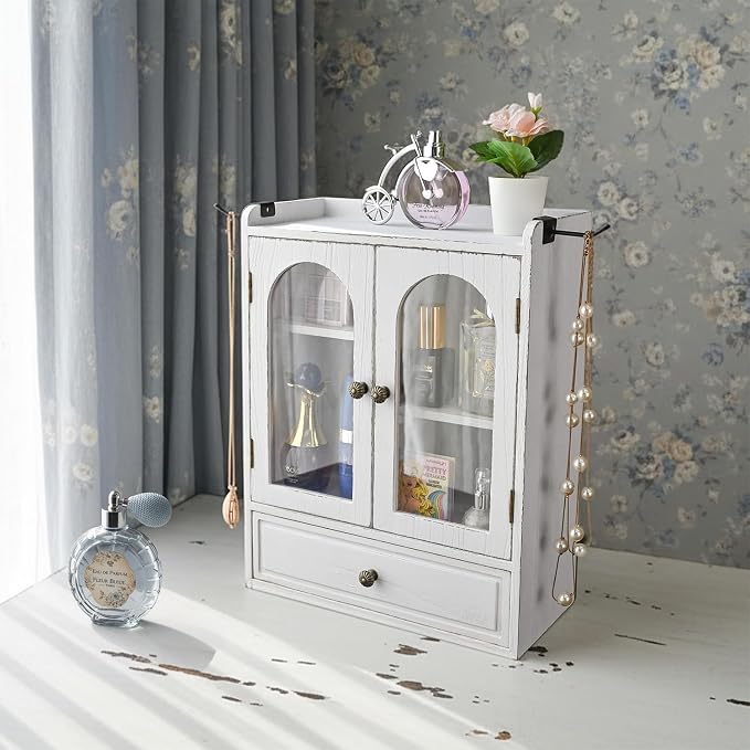 Ikee Design Wooden Countertop Storage Cabinet with Magnetic Door, Adjustable Shelves, Removable Hooks and Drawer for Perfume, Makeup, Pantry, Antique White, 12.2 W x 6 D x 15.7 H in