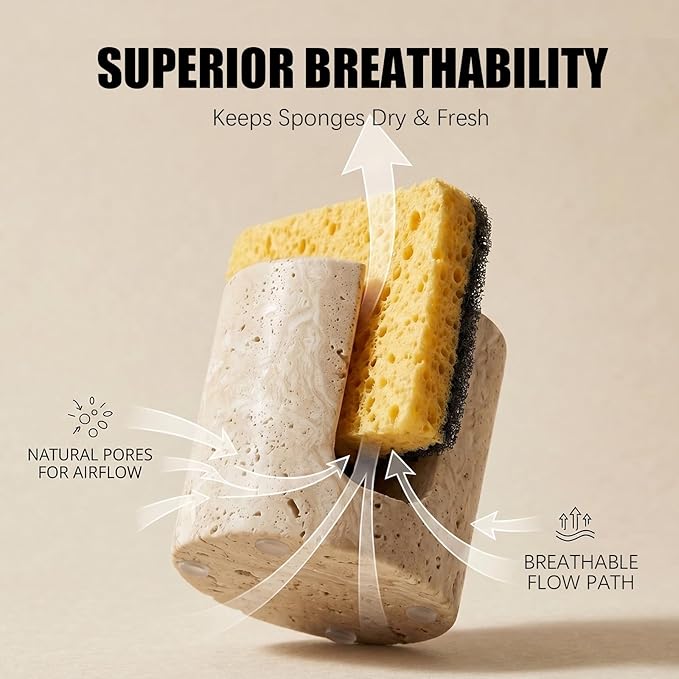 Natural Travertine Sponge Holder for Kitchen Sink - Luxury Stone Sponge Caddy, Quick-Drying Modern Minimalist Marble Kitchen Countertop Organizer - Housewarming Gift, Home Decor, Beige