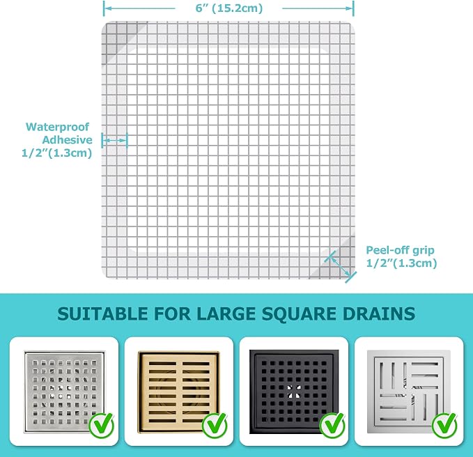 25 Pack Disposable Shower Drain Hair Catcher Mesh Stickers - Peel & Stick Drain Strainers to Prevent Clogs, Strong Waterproof Adhesive, Mess-Free Disposable Drain Covers for Shower, 6 inch, Square