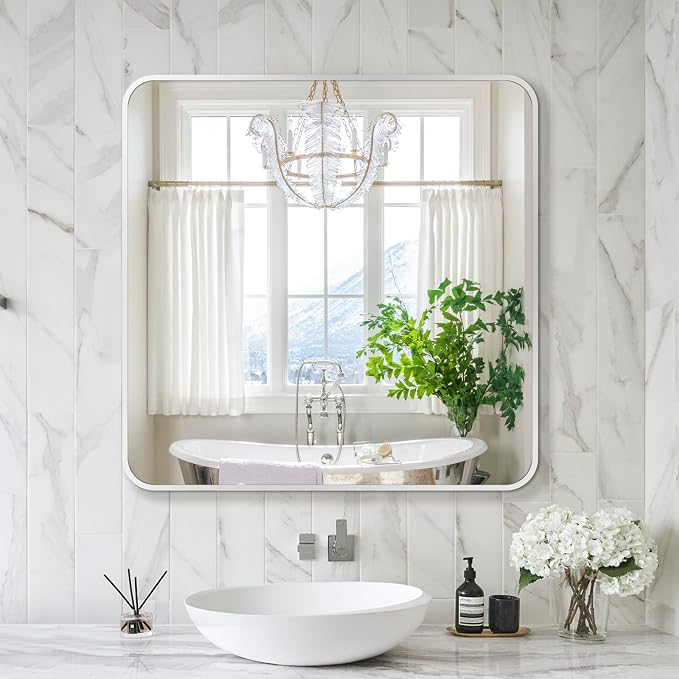 Delma Bathroom Vanity Mirror, Silver Framed Mirror for Over Sink, 30x30 | HD glass, distortion-free for makeup and grooming, Sturdy frame, all mounting hardware, hangs horizontal or vertical