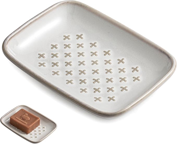 Gomakren Ceramic Soap Dish for Bar Soap 5.5in Cross Soap Saver Tray, Beige | Prevents soggy soap, non-slip bottom, easy to clean, bathroom soap holder, multi-use for sink shower, sponge butter & jewelry