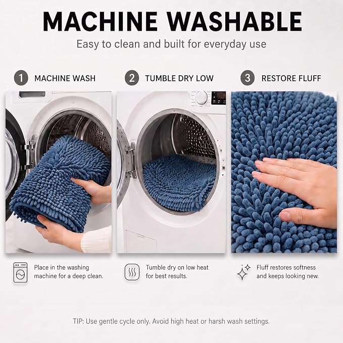 Bathroom Rugs Sets 2 Piece,Super Absorbent Soft,Thick,Machine Washable Chenille Bath Mat,Non Slip Toilet Floor Rug,Bath Mats for Bathroom,20x32 Plus 20x20 U Shape,Denim Blue
