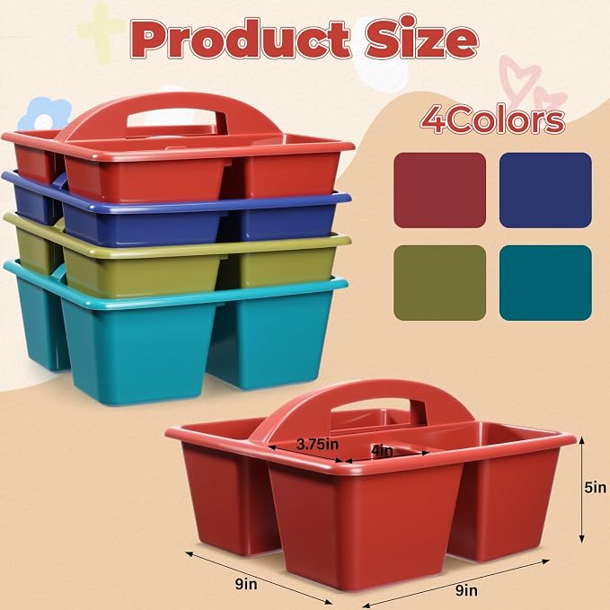 Kathfly 4 Pack Classroom Caddy Organizer with Handle, Plastic Art Craft Cleaning Caddy Bulk, Small Multipurpose Supply Organization Storage Basket for Table Desk Office Pencil Teacher (Deep Color)