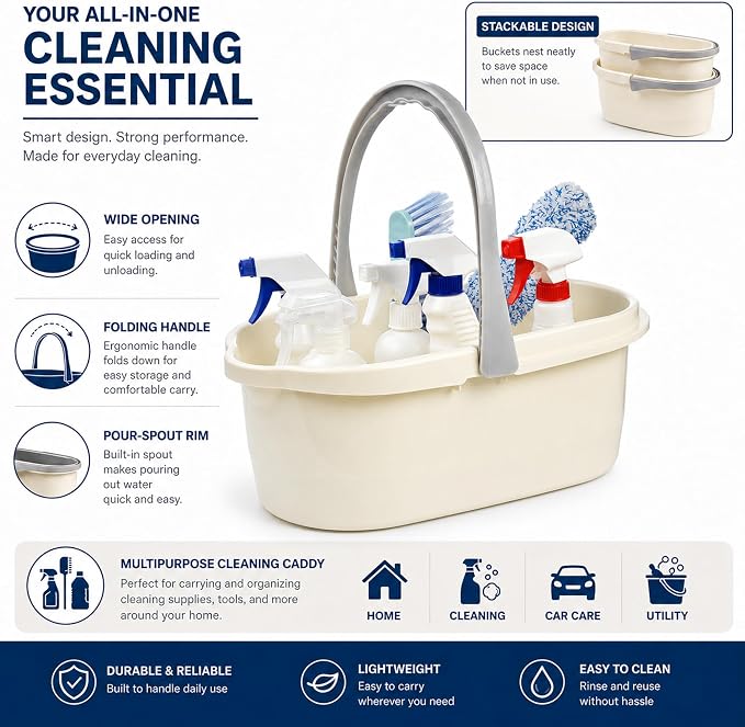 Haundry Compact Mop Bucket with Handle, Rectangular Cleaning Bucket and Caddy for Cleaning Supplies, 10L, White