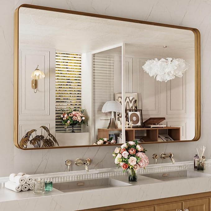 LOAAO 60X30 Inch Bathroom Mirror with Wood Grain Colored Metal Frame | Rounded Rectangle Metal Framed, Anti-Rust, Hangs Horizontally or Vertically, Tempered Glass