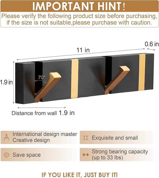 2 Pack，Waterproof Towel Hooks for Bathroom，Foldable Black Gold Coat Hooks，Free Perforated，Wall Hooks for Coat，Black Towel Hook，Robe Hook，for Balcony，Kitchen.