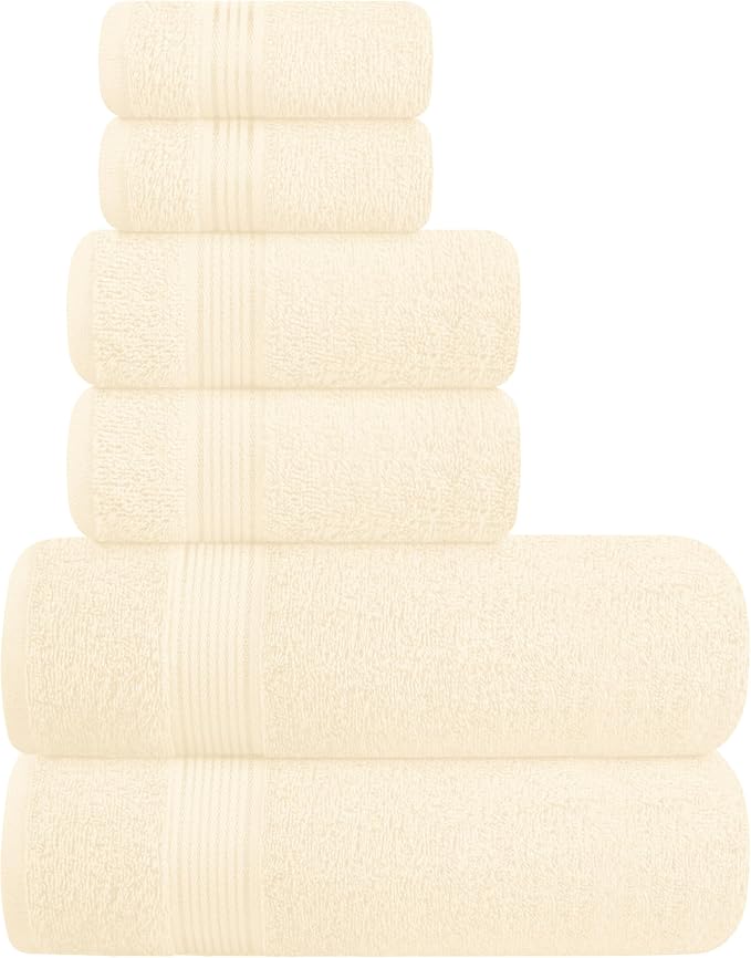 Ultra Soft 6 Pack Cotton Towel Set, Contains 2 Bath Towels 28x55 inch, 2 Hand Towels 16x24 inch & 2 Wash Coths 12x12 inch, Ideal for Everyday use, Compact & Lightweight - Ivory