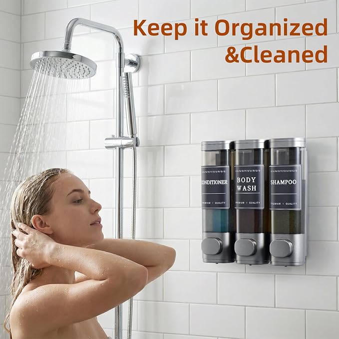 Shampoo and Conditioner Dispenser,Shower Soap Dispenser 3 Chamber No Drill Wall-Mounted for Bathroom & Hotel Leak-Proof Pumps, for Thick Liquids Like Conditioner - 1050ML High Capacity, Gun Gray