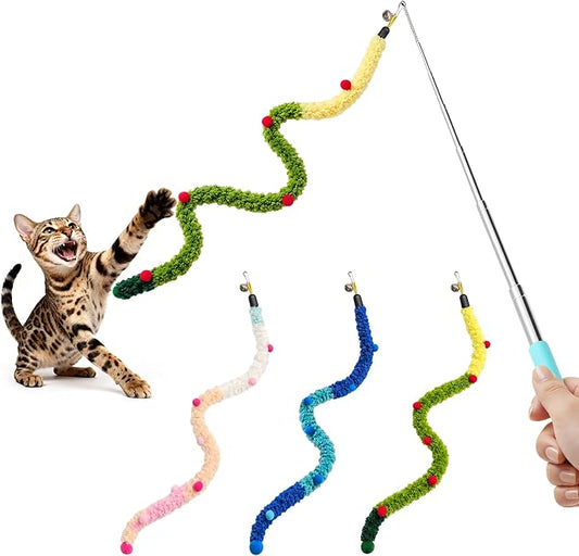 Potaroma Interactive Cat Wand Teaser Toy, Retractable, 3 Attachments | Sturdy Telescopic Stainless Steel Rod, Jingle Bells, Indoor Cat Hunting Exercise Play, Stick Colorful Teaser Wand