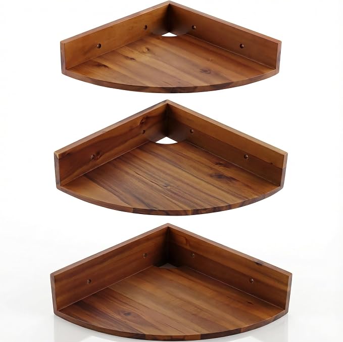Demigo Corner Shelf Wall Mount Set of 3, Solid Acacia Wood Round Floating Corner Shelves for Storage and Display, Hanging Wood Shelves for Bedroom, Kitchen, Living Room, Bathroom (Brown) | Hanging Wall Storage & Display Corner Rack for Bedroom, Kitchen...