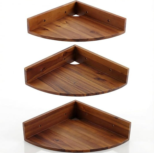 Demigo Corner Shelf Wall Mount Set of 3, Solid Acacia Wood Round Floating Corner Shelves for Storage and Display, Hanging Wood Shelves for Bedroom, Kitchen, Living Room, Bathroom (Brown) | Hanging Wall Storage & Display Corner Rack for Bedroom, Kitchen...