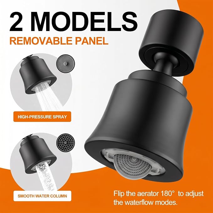 2 Pack Metal Faucet Aerator - Dual Modes Sink Sprayer Attachment for Bathroom - 360° Swivel Kitchen Faucet Sprayer Attachment - Anti-clogging Design - Black