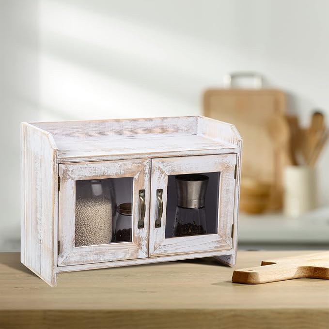 Rustic White Wood Counter Top Storage Cabinet Organizer Shelf Glass Window Doors Wooden Caddy Kitchen Bathroom Tabletop Vanity Chest Antique Farmhouse Style Mini Closet Box Rack Home