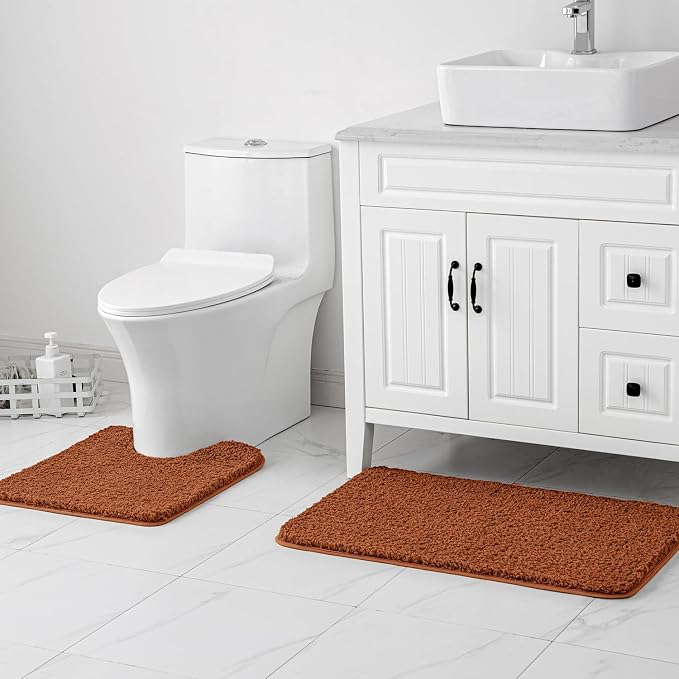 MIULEE Fall Burnt Orange Bathroom Rugs Set 2 Piece Bath Mats 20x20+16x24 | Absorbent Microfiber Bath Mat and U-Shaped Toilet Rug, Non Slip, Quick Dry, for Bathroom Floor Tub Showers, Machine Washable