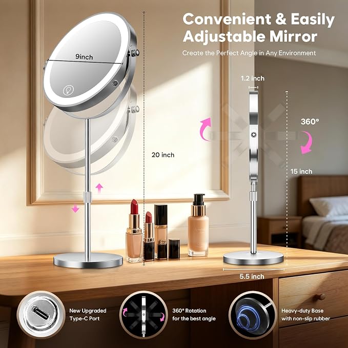 30X Makeup Mirror with Lights, Brightness Adjustable with 3 Colors, Double Sided Magnifying Mirror with 360° Rotation, Lighted Makeup Mirror with Magnification, Ideal Gift for Women -Nickel