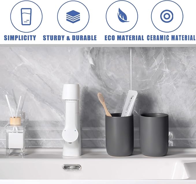 Matte Grey Toothbrush Holders for Bathrooms - Ceramic Toothbrush Toothpaste Holders Set, Grey Bathroom Tumbler Cups Reusable Toothbrush Cup, Counter Organizer