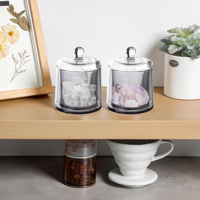 Qtip Holder Apothecary Jars with Lid, 2 Pack Thick Glass, Gray | Bathroom Canisters Vanity Organizer for Cotton Balls, Swabs, Candy, Jewelry, Makeup Storage, Bathroom Decor