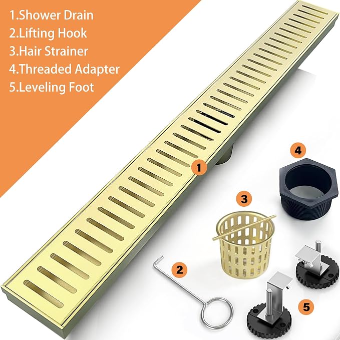 32 Inch Linear Shower Drain Bathroom Kitchen Golden Floor Drain Removable Capsule Pattern Cover Accessories Shower Drain 304 Stainless Steel Drain with Hair Strainer Adjustable Leveling Feet