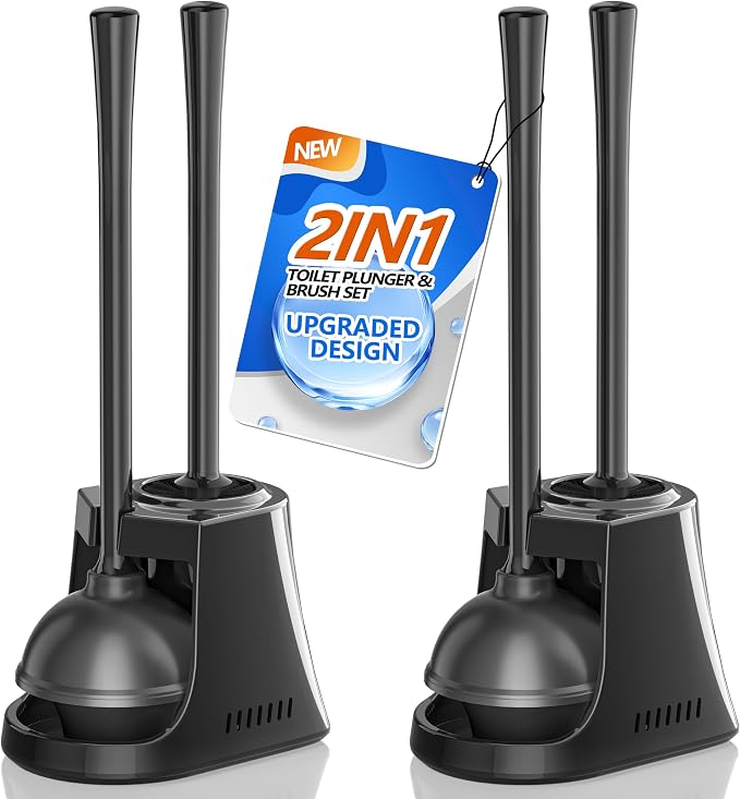 LOVLOY Toilet Plunger and Brush, Bowl Brush and Heavy Duty Toilet Plunger Set with Ventilated Holder, 2-in-1 Toilet Brush and Plunger Combo for Bathroom Cleaning (2, Black)