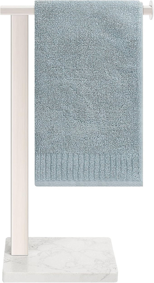 Hand Towel Holder Stand, 14.5" Hand Towel Rack with Weighted Marble Base, 304 Stainless Steel L-Shape Standing Towel Bar for Vanity Bathroom Kitchen Countertop (Brushed Nickel)