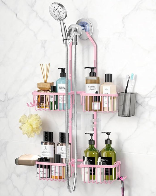 Adjustable Shower Caddy Hanging for Handheld Showerheads - Never Rust Shower Hanging Organizer, Upgraded Bathroom Shower Rack with Soap Basket, Hooks and Toothbrush Holder (Pink)