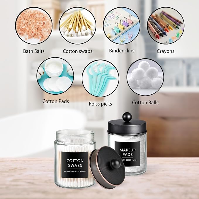 SheeChung 2 Pack Glass Qtip Holder with ORB & Black Stainless Steel Lids | Apothecary Jars with Stickers, Countertop Canister Guest Bathroom Storage Organizer Set for Cotton Swabs/Balls, Floss Picks