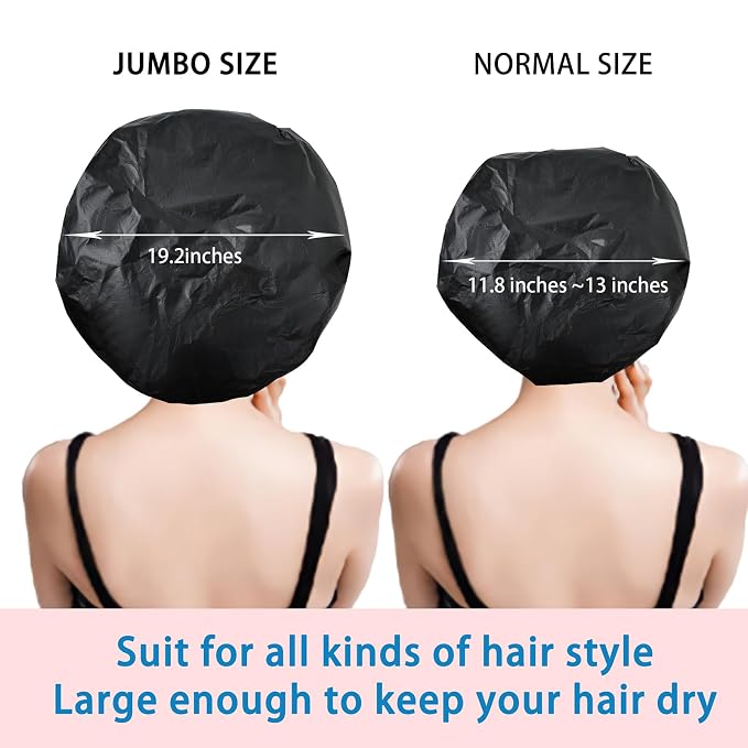 Super Jumbo Shower Cap for Women, 2 PCS Waterproof Hair Caps for Locs | Extra Large, Double Side Reusable PEVA Bath Cap, Washable, Holds Long Thick Twist Braid - Black + White