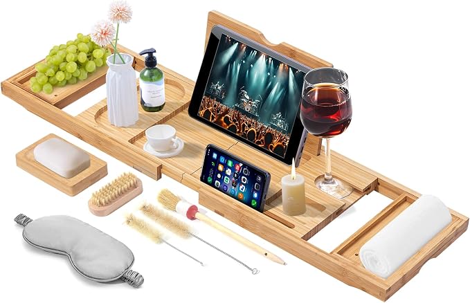 Bathtub Tray, Bamboo Bath Tray for Tub, Expandable Bath Tray with Bamboo Book Stand, Soap Tray, Bathtub & Bathroom Accessories Perfect for Home Spa, Natural Colour