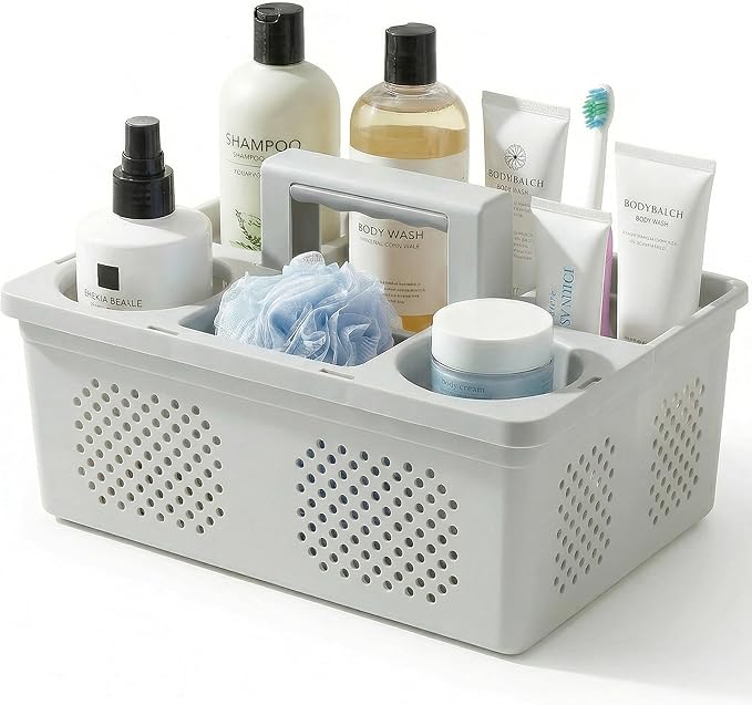 KMV Dorm Room Portable Shower Caddy with Adjustable Compartments - Ventilated Drainage Design with Handles, Perfect Toiletries Organizer for College Dorms-gray