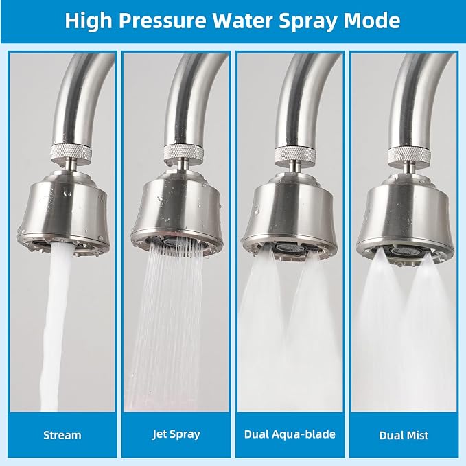 Hygie Rinse Kitchen Sink Faucet Head Replacement, 4 Spray Faucet Sprayer Attachment with Big Angle Swivel, 55/64-27UNS Famale Thread, Male Thread Adapter Included, Brushed Nickel