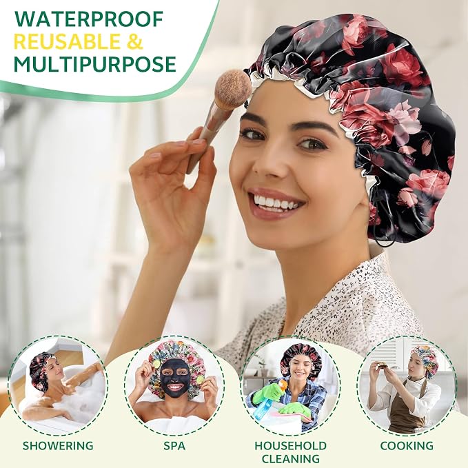 2 PCS Shower Cap Waterproof Double Layer Elastic Adjustable Reusable Hair Bath Caps for Girls Women Cute Aesthetic-Floral 1