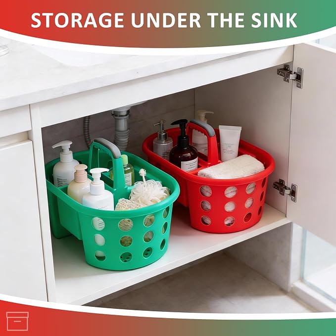 SIMPLYKLEEN Large Shower Caddy Portable 2PC - Made in USA Plastic Jumbo Size Dorm Storage Candy Tote with Handle Shower Organizer for Bathroom, Pantry, Kitchen, College Dorm, Green/Red