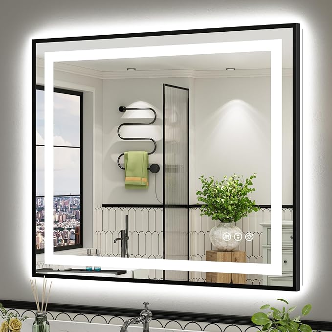 40x36 Inch LED Bathroom Mirror with Black Frame, Backlit & Front Lit | Anti-fog, 3 Color Dimmable, Memory Function, HD Reflection Tempered Glass, ETL Listed, IP54 Waterproof