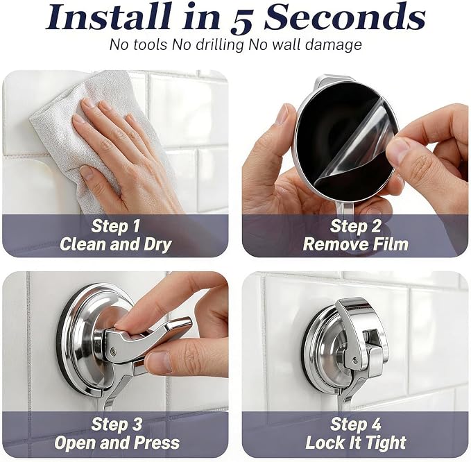 Suction Cup Hooks for Shower, Bathroom, Kitchen, Glass Door, Mirror, Tile – Loofah, Towel, Coat, Bath Robe Hook Holder for Hanging – Waterproof Wreath Hanger (4, Silver)