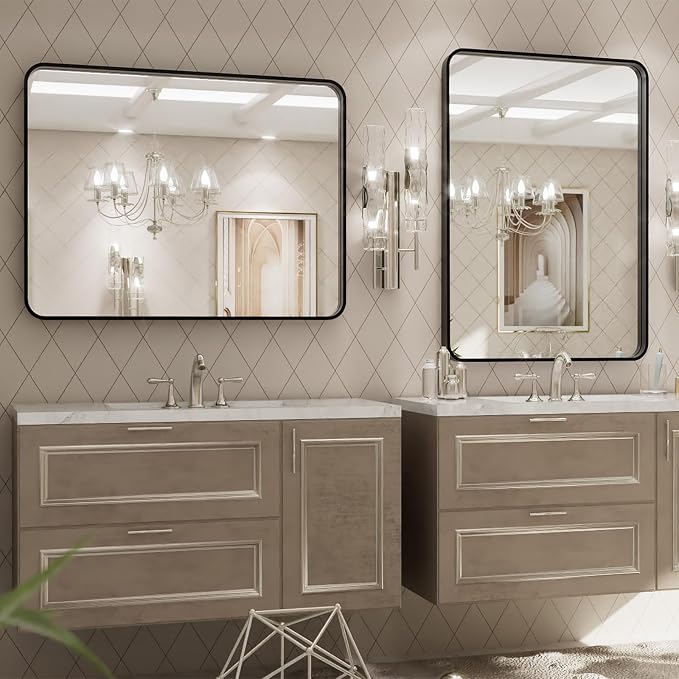 LOAAO 32x36 Inch Black Bathroom Mirror Metal Framed | Matte Black, Rounded Rectangle, Anti-Rust, Tempered Glass, Hangs Horizontally or Vertically, Wall-Mounted