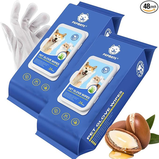 Pet Cleaning Glove Wipes for Dogs & Cats, Hypoallergenic Deodorizing Disposable No-Rinse Grooming Wipes, Extra Thick Bathing Wipes,Perfect for Pet Dry Cleaning,Daily Care and Travel,48 pcs